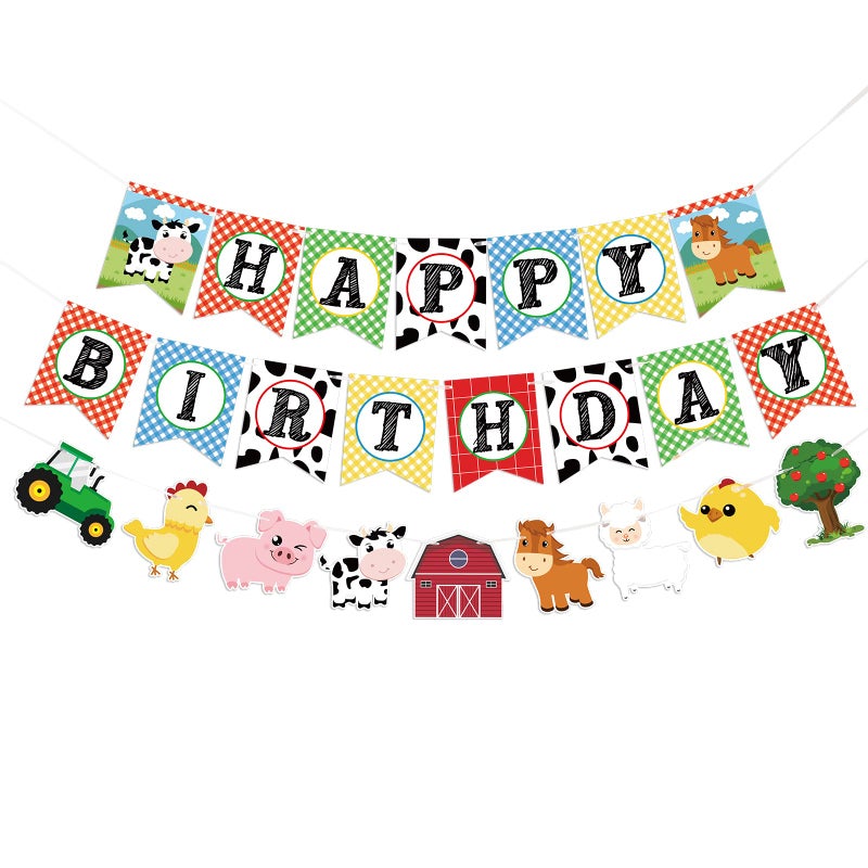 WERNNSAI Farm Animals Birthday Banner - Happy Birthday Banner with Tractor Barnyard Bunting Garland for Kids Boys Girls Farm Theme Party Decorations Supplies - Image 1